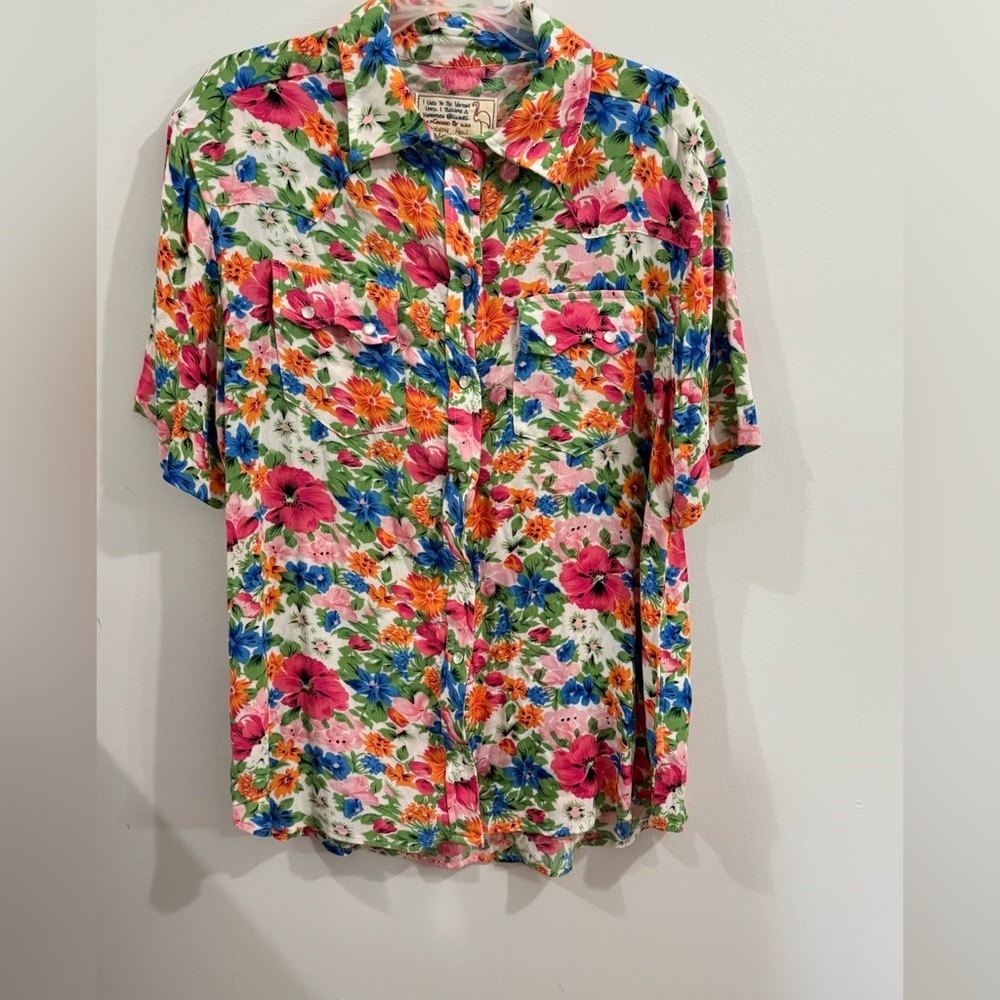 Citrine Rose Floral Hawaiian Button Down Short Sleeve Top Size Medium - Picture 2 of 4